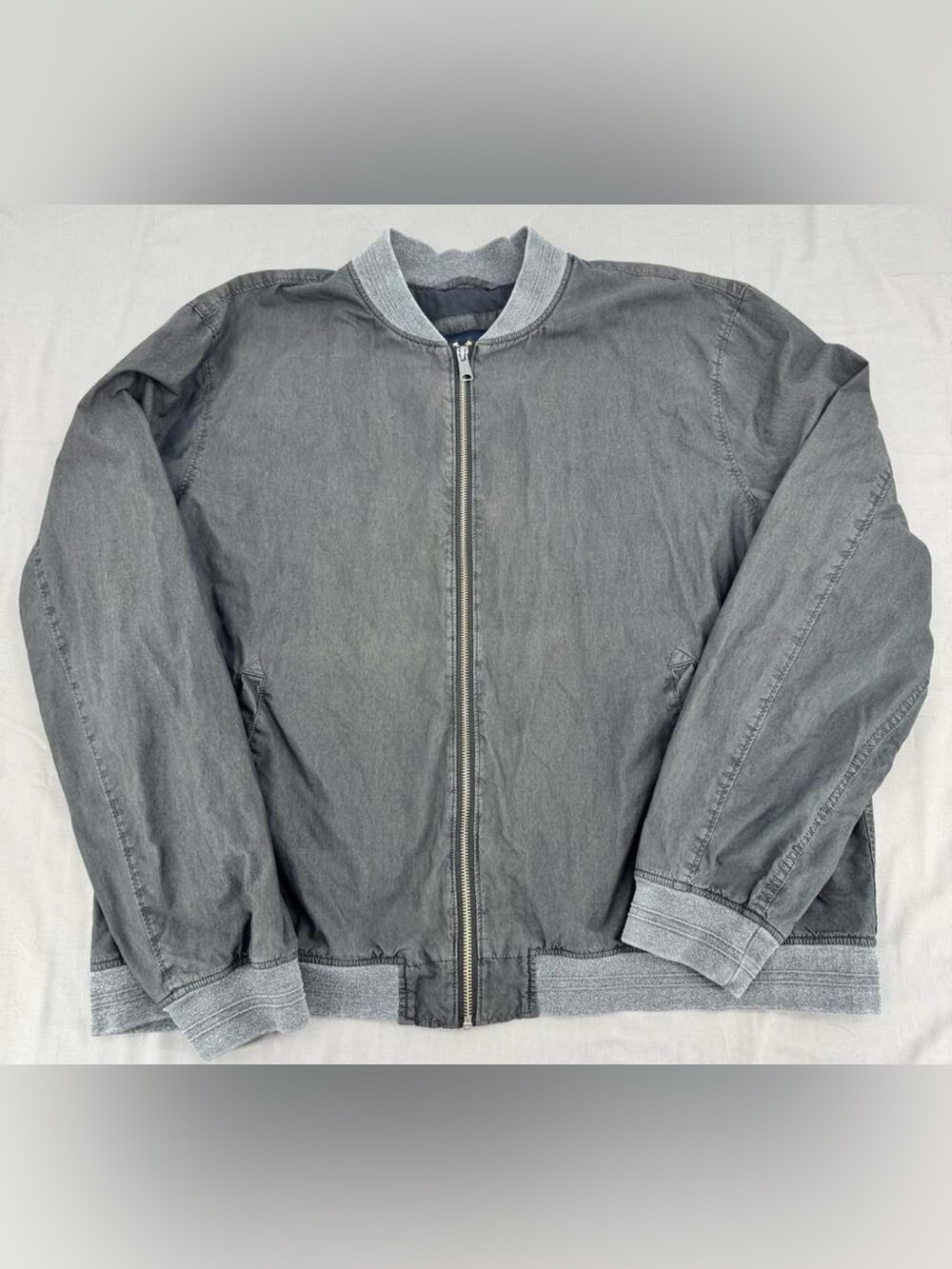 Lucky Brand Grey Denim Bomber Jacket Zip-Up Collarless Jacket Size XXL